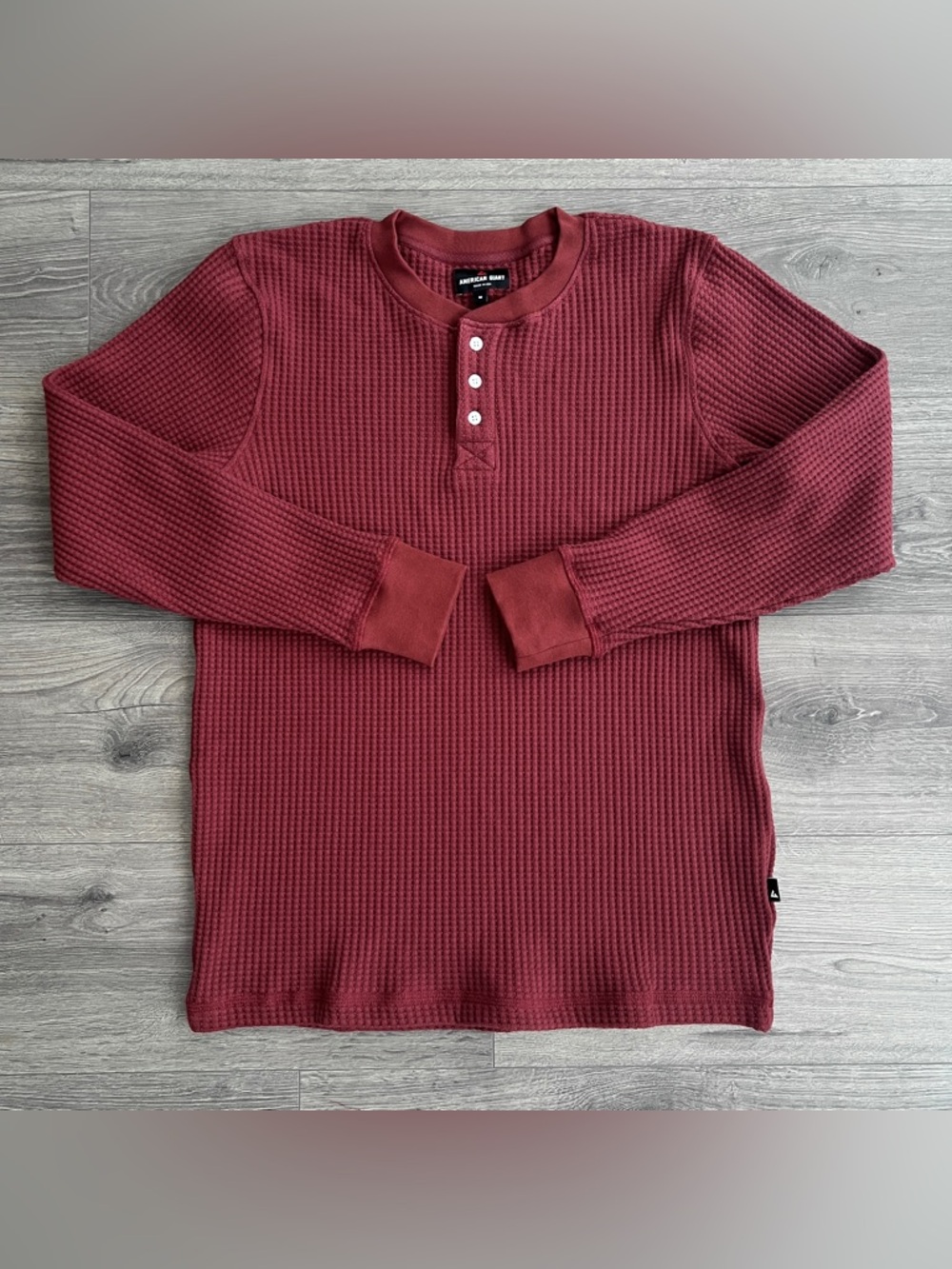 AMERICAN GIANT Mens Waffle Knit Long Sleeve Henley Top Medium Spiced Apple Red